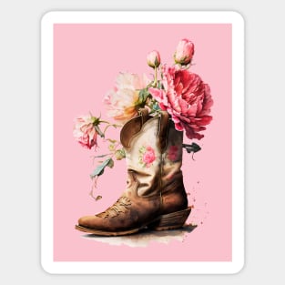 Pink Peonies Brown Cowgirl Boot Sticker
